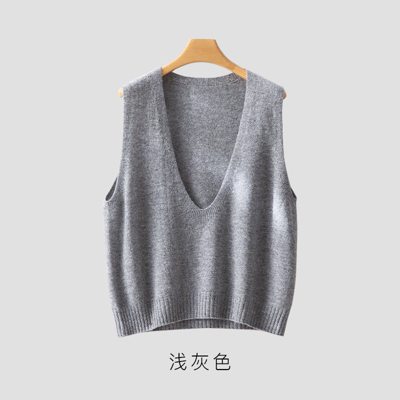 Elegant Deep V-neck Pure Wool Layered Knit Vest
