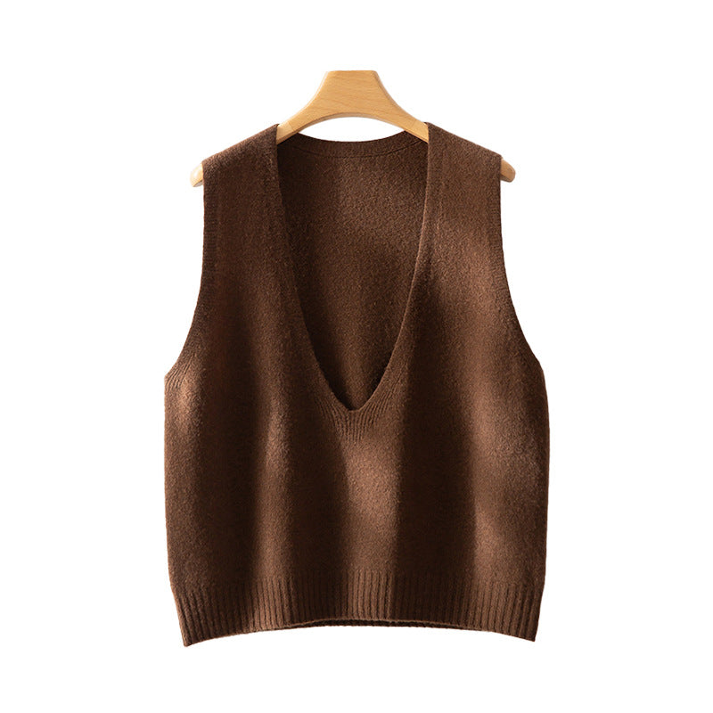 Elegant Deep V-neck Pure Wool Layered Knit Vest
