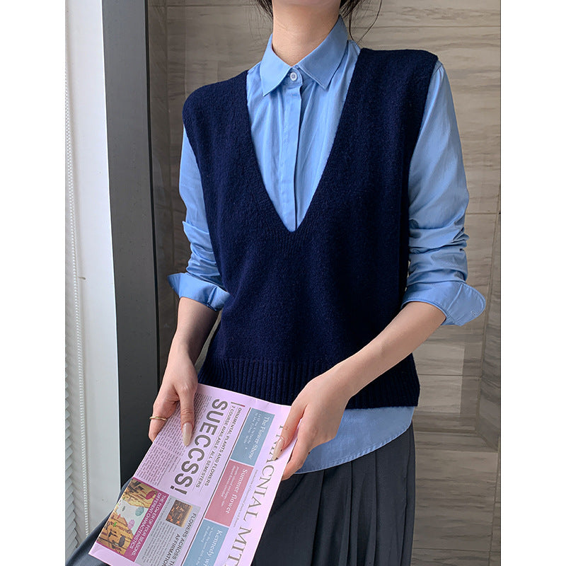 Elegant Deep V-neck Pure Wool Layered Knit Vest