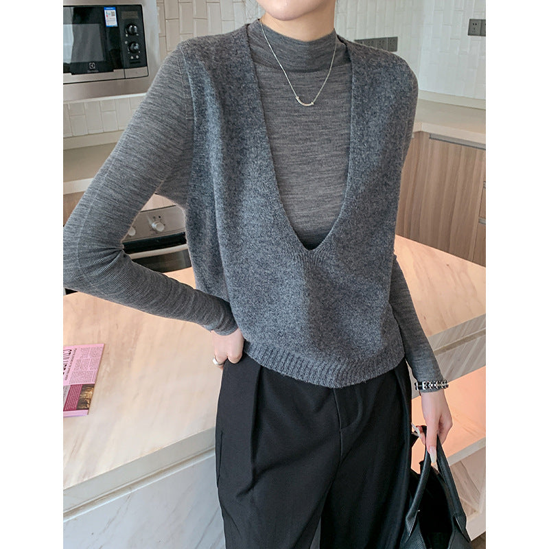 Elegant Deep V-neck Pure Wool Layered Knit Vest