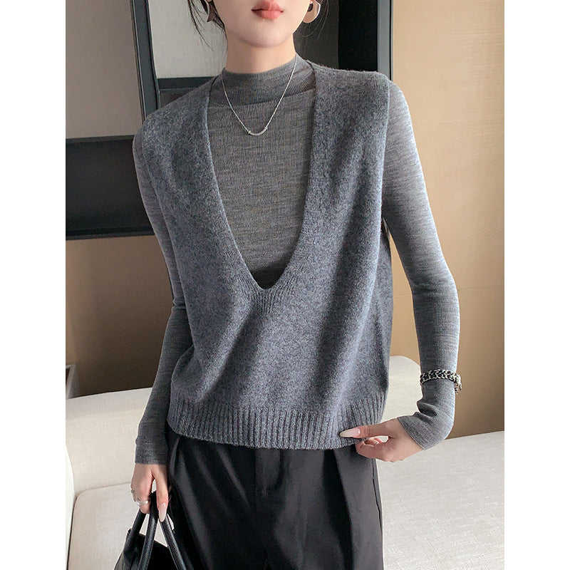 Elegant Deep V-neck Pure Wool Layered Knit Vest