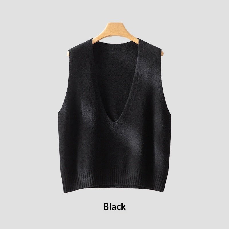 Elegant Deep V-neck Pure Wool Layered Knit Vest
