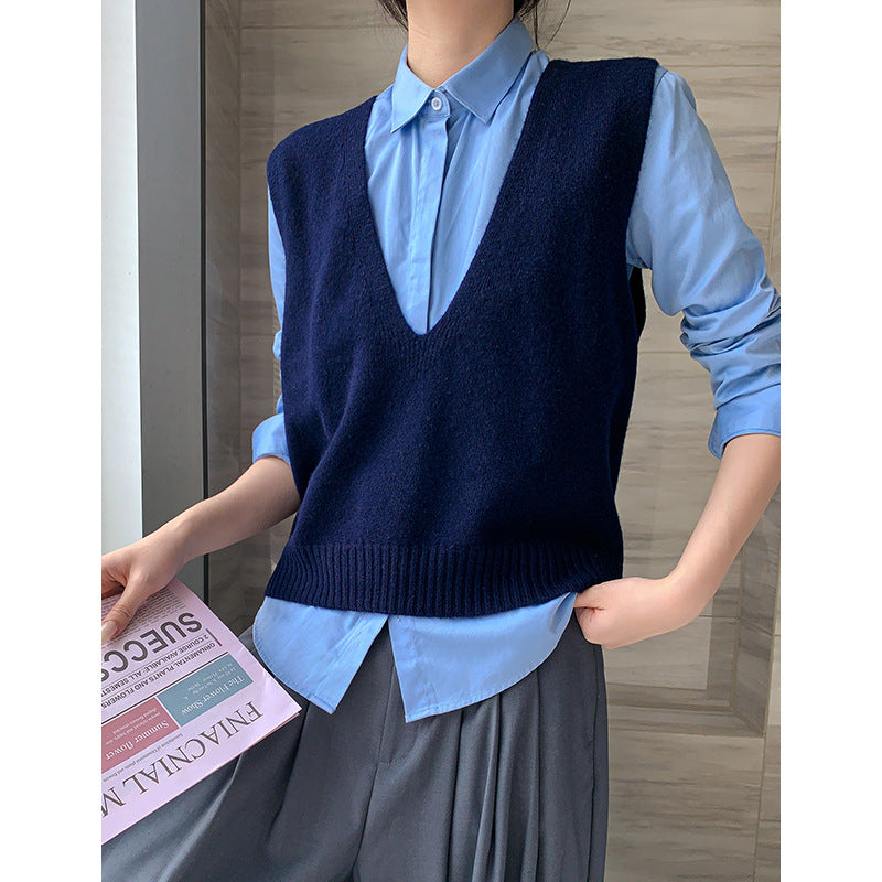 Elegant Deep V-neck Pure Wool Layered Knit Vest