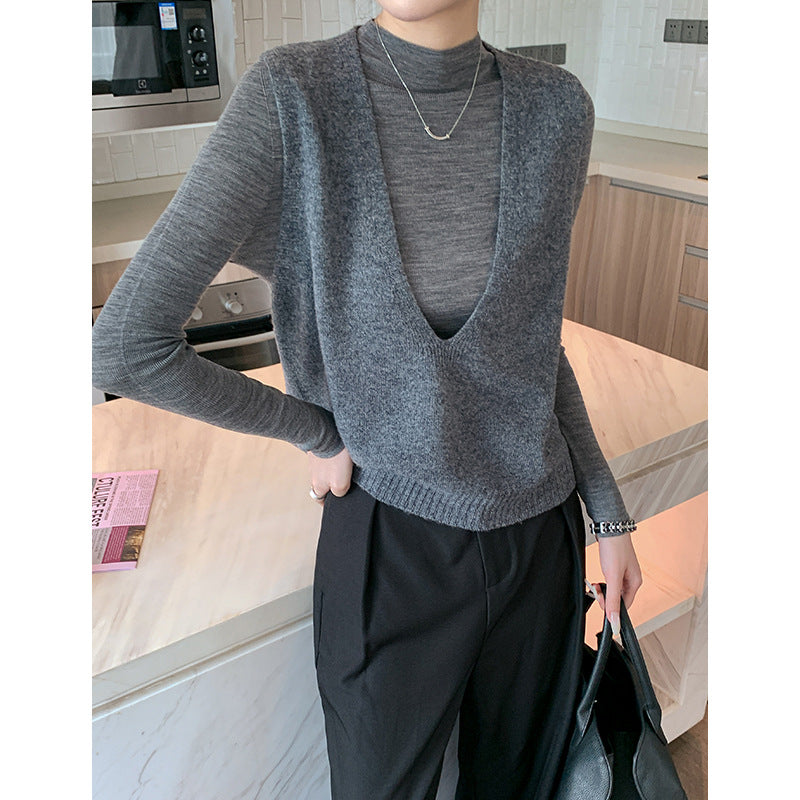 Elegant Deep V-neck Pure Wool Layered Knit Vest