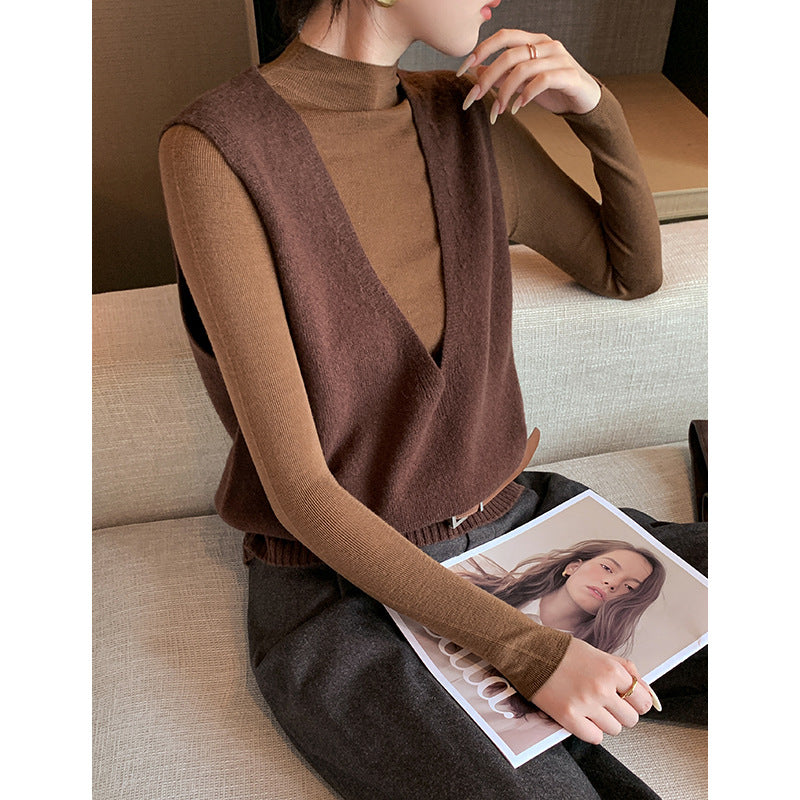 Elegant Deep V-neck Pure Wool Layered Knit Vest