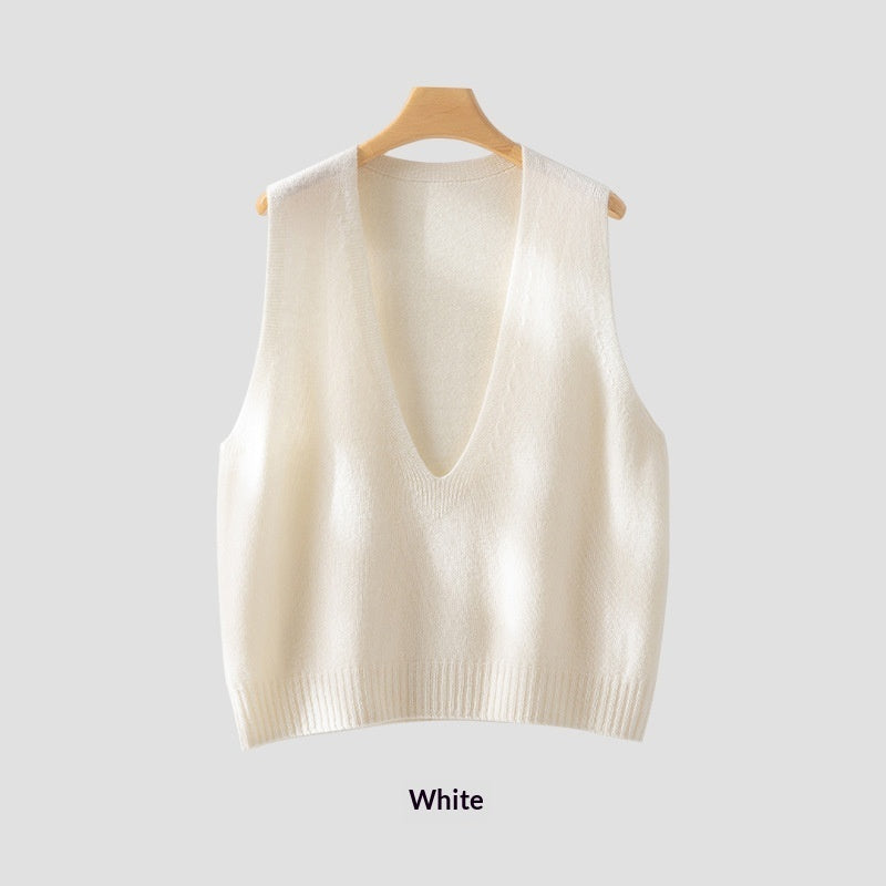 Elegant Deep V-neck Pure Wool Layered Knit Vest